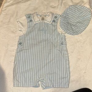 THE CHILDREN’S PLACE BABY LUXURIES BLUE STRIPED BABY ROMPER BODYSUIT HAT 6-12 MO